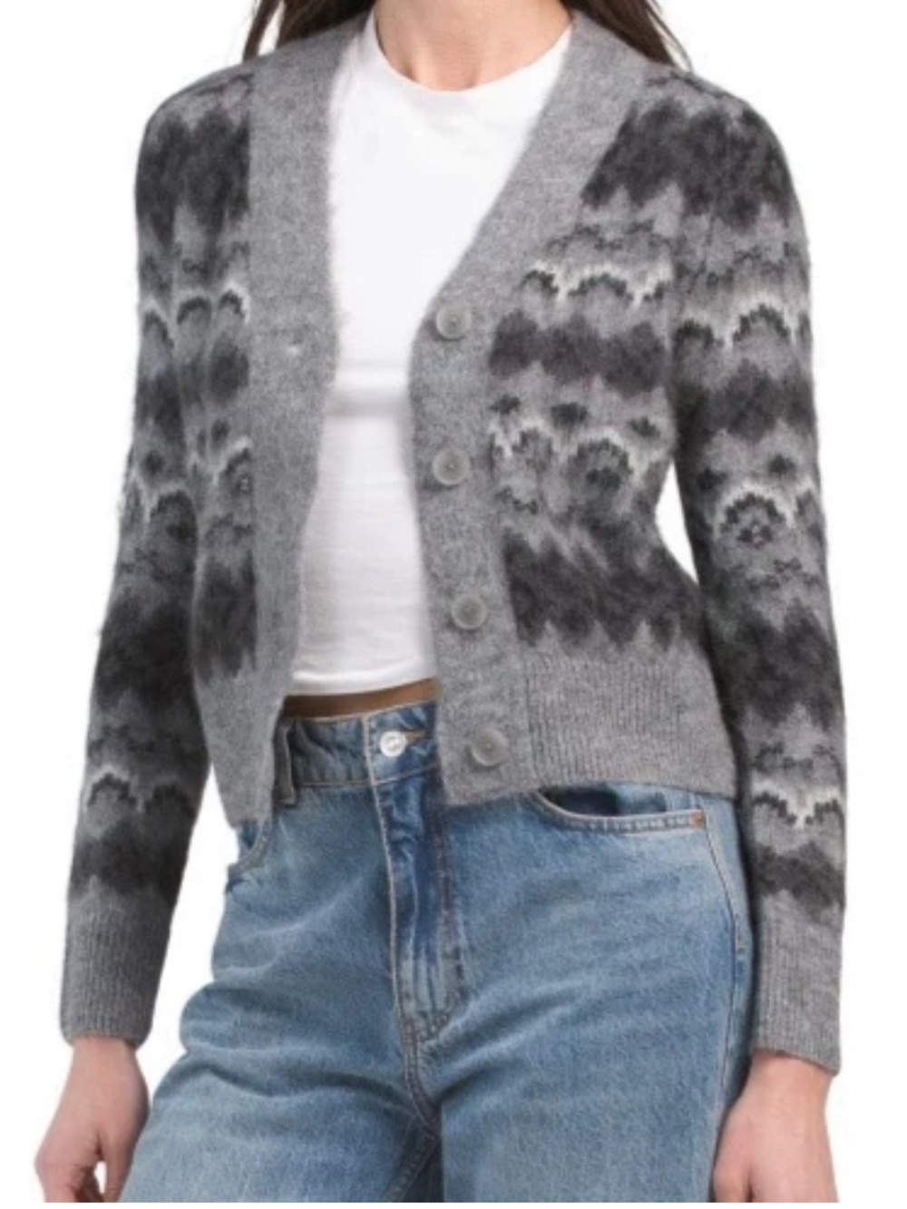 Vince Italian Alpaca Blend Cardigan V-neck 
Grey Fair Isle Size Large